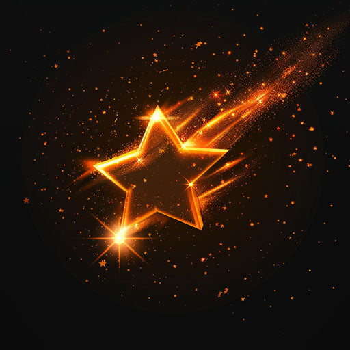 Small orange star flying in space with arrow and sun symbol