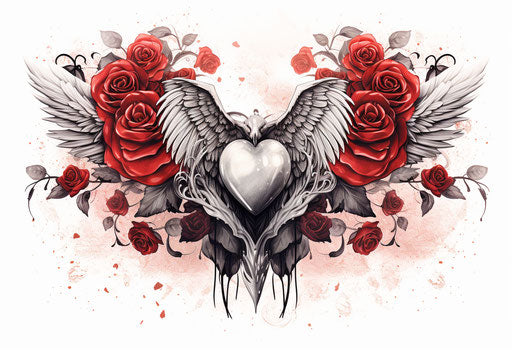 Heart wing tattoo with rose, engraved ornaments