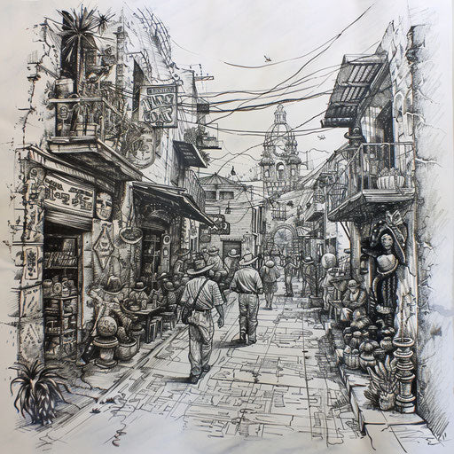 Tattoo sketch of a Chicano art street scene