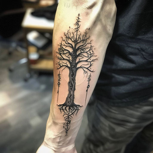 Meaningful tattoos for men with Elvish runes and tree on forearm