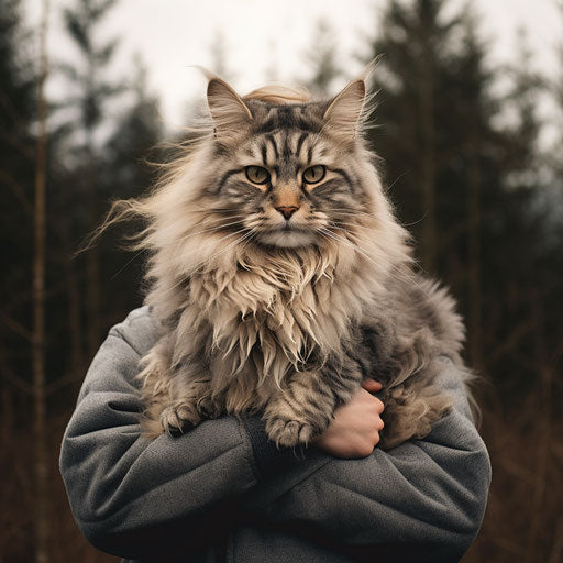 Norwegian forest cat held by its owner