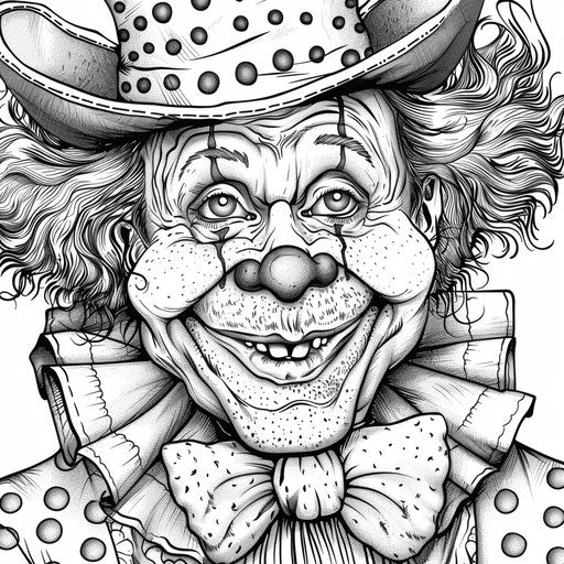 A whimsical clown with a polka-dot suit and a big bow tie. Coloring book page