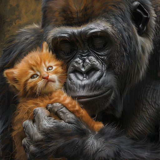 Gorilla gently holding a kitten, in the style of Aaron Blaise