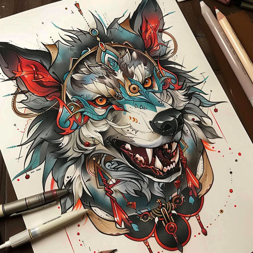 Neo-traditional tattoo sketch of a lobo with rich colors and intricate details