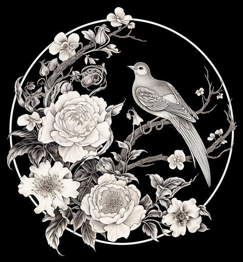 Black sketch style yin yang symbol with flowers on white background