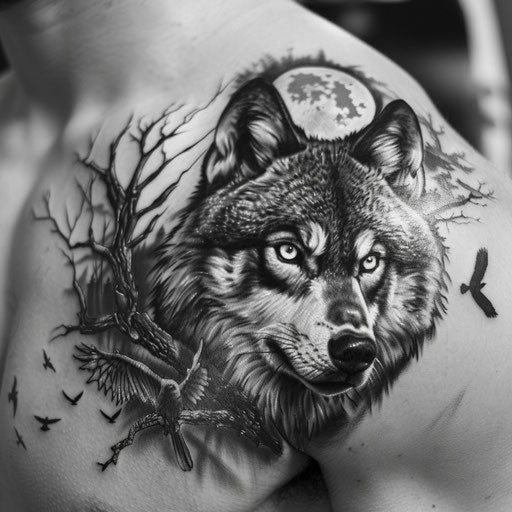Realistic shoulder tattoos for men with animals in black/gray