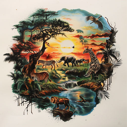 Dynamic African safari scene with colorful animals in motion on white paper