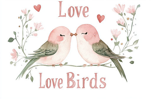 Watercolor love birds with hearts and flowers