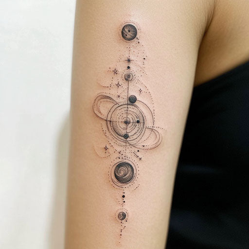 Tricep tattoo of a cosmic galaxy with planets