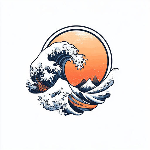 Stylized elbow tattoo with Japanese wave pattern on white background