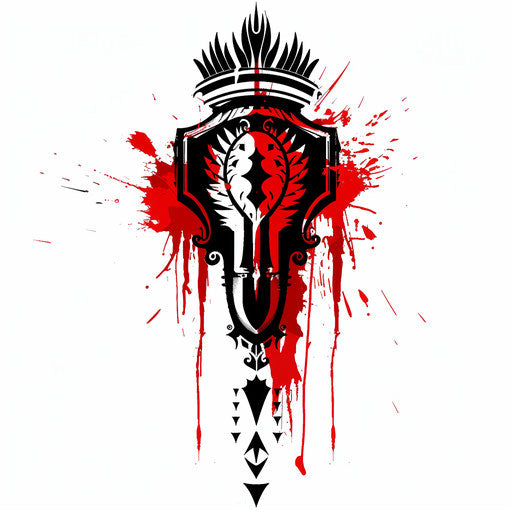 Graphic tattoo design of a Roman crest in red and black