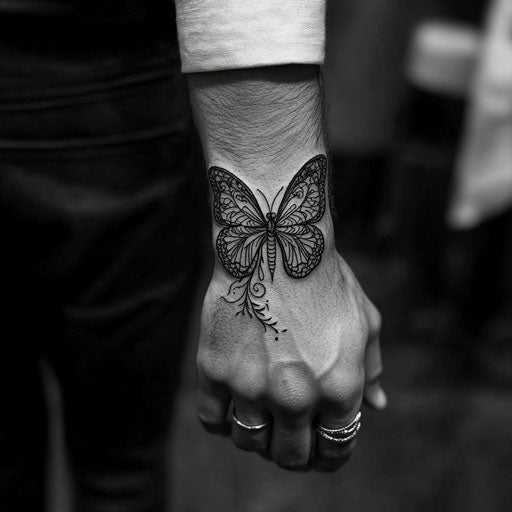 Butterfly tattoo man on wrist with tribal lines