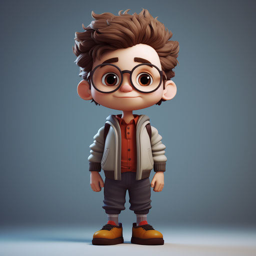 Cartoon boy with glasses on grey background, film style