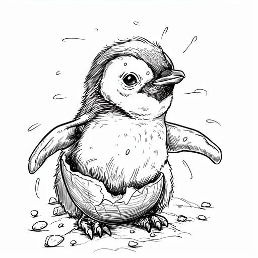 Cute baby penguin hatching from egg. Coloring book page
