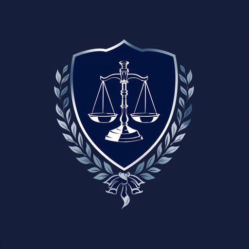Traditional shield emblem lawyer logo on navy blue background