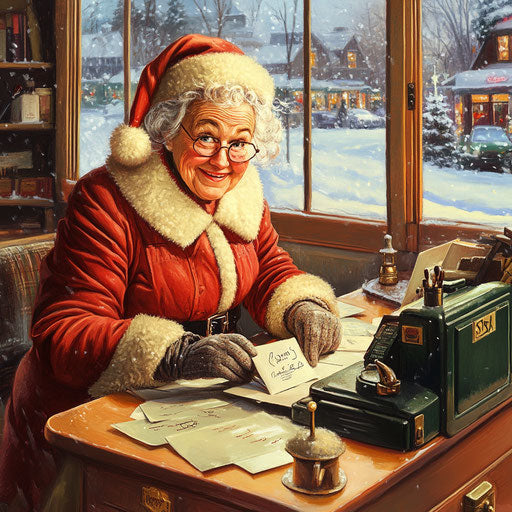 Mrs. Claus at the local post office, stamping letters addressed to Santa with a special North Pole seal.