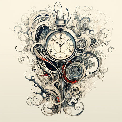 An ornate clock, intricate pen illustrator style, minimalist art nouveau