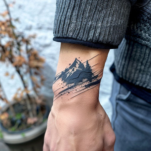 Men's wrist tattoos with abstract mountain design