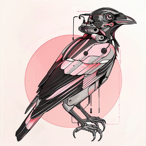 Futuristic flat tattoo sketch featuring a magpie with metallic, cybernetic enhancements