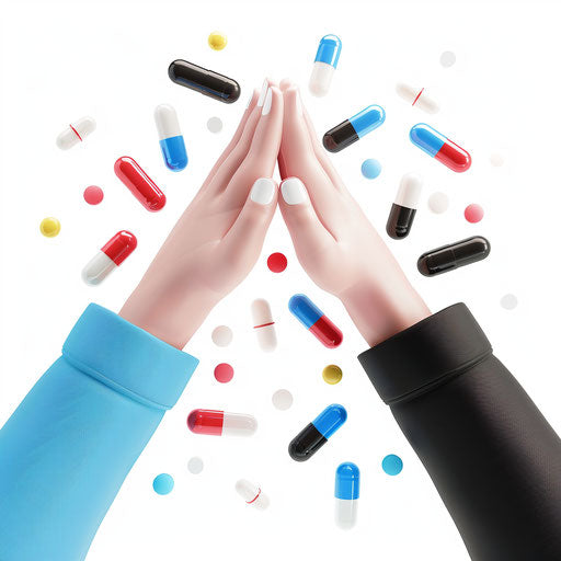 3D icon of two hands doing high five with scattered pills
