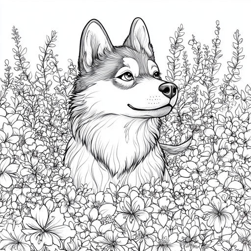 Elegant husky in a floral field, in the style of Megan Hess, Coloring book page