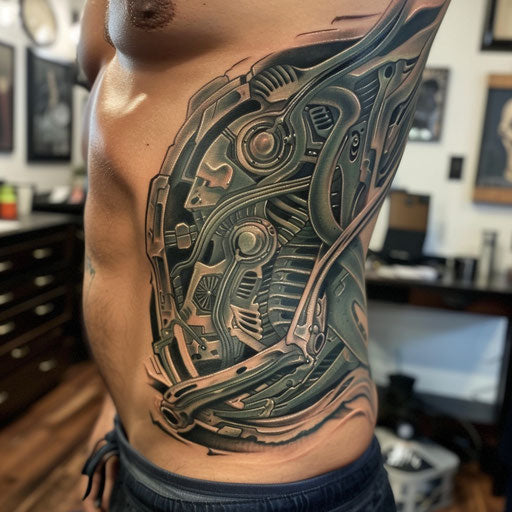 Biomechanical camouflage tattoo in the style of Guy Aitchison