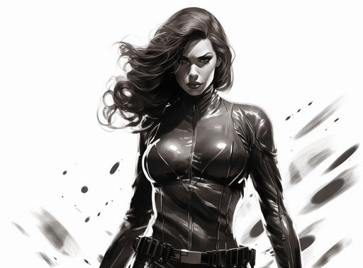 Black widow on white background, grisaille style, cryptid academia