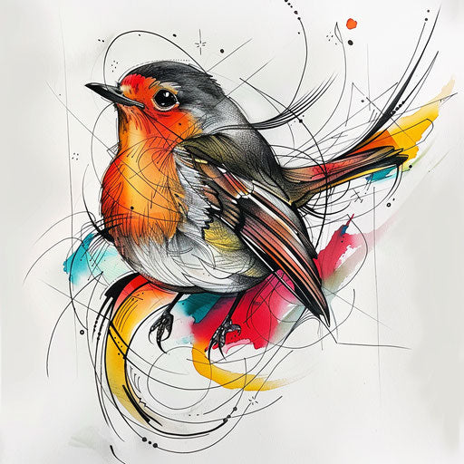 Dynamic flat tattoo sketch of a robin with abstract, colorful tail feathers
