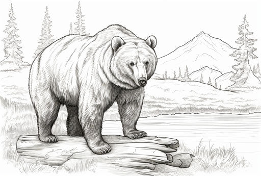 Realistic grizzly bear coloring pages in cottagepunk style