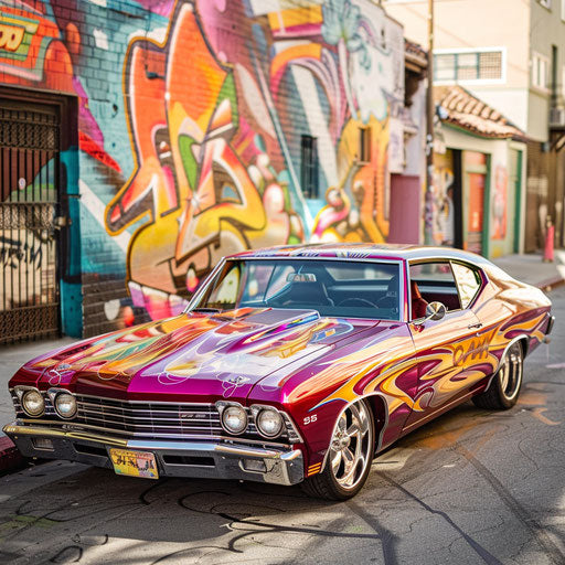 1969 Chevrolet Chevelle SS transformed into lowrider bouncing down urban street with vibrant mural
