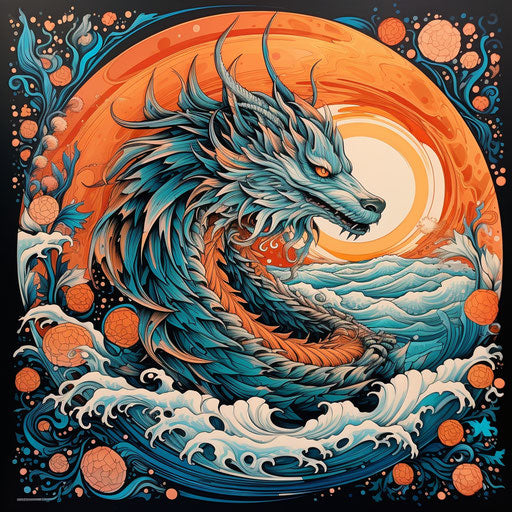 Dragon canvas art, reefwave style, detailed illustrations, dark cyan and orange, cottagepunk, angura kei, commissioned work, flat shading