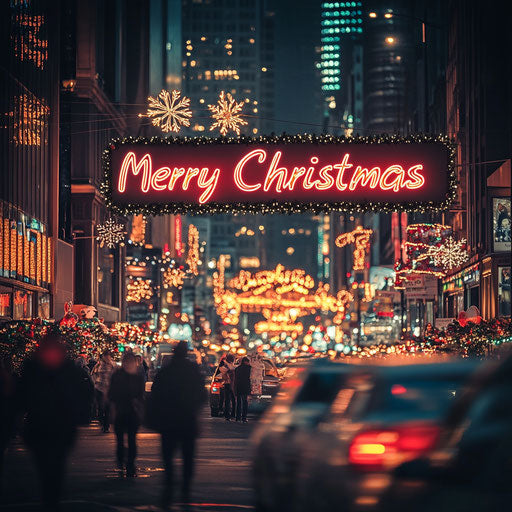 "Merry Christmas" message glowing in neon on a busy city street