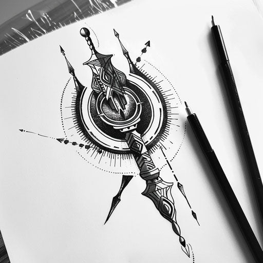 Black ink drawing of an African warrior shield and spears