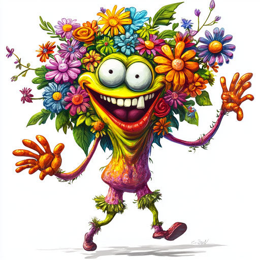 Humorous caricature of a flower bouquet with exaggerated human characteristics