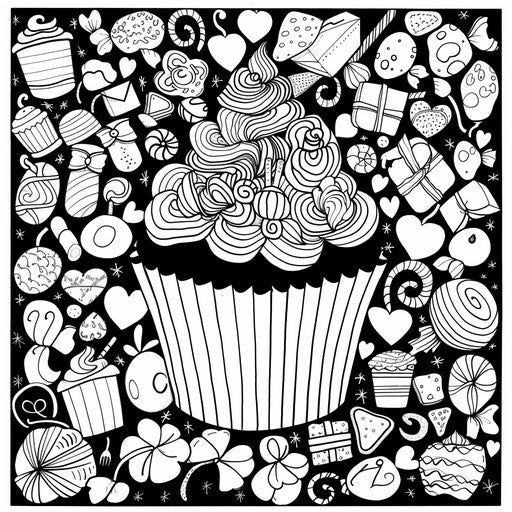 Drawing of a cupcake surrounded by candy and sweets