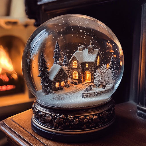 Snowy village in globe on mantelpiece, cozy fire burning