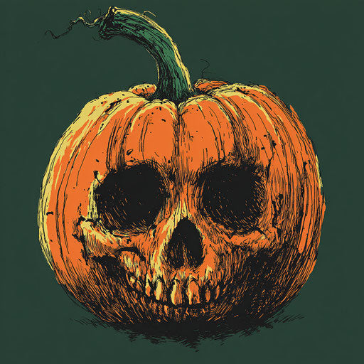 Vibrant Pumpkin with Skull Features Against Dark Green