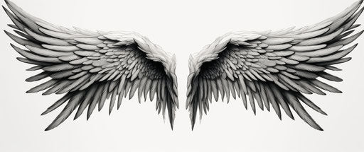 Black and white angel wings, scientific illustration style