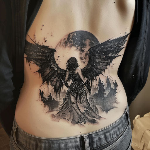 Dark angel lower back tattoo, Gerald Brom style
