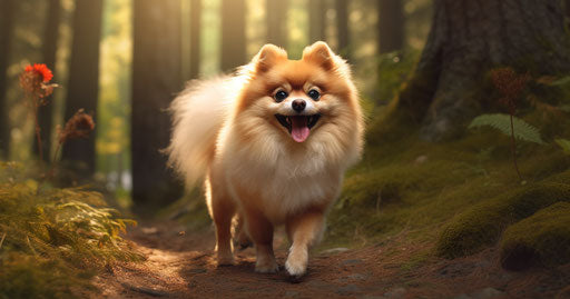 Small pomeranian dog walking in the forest path