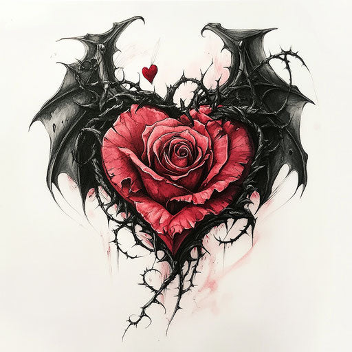 Rose in a heart with black thorns, gothic style, dragon wings