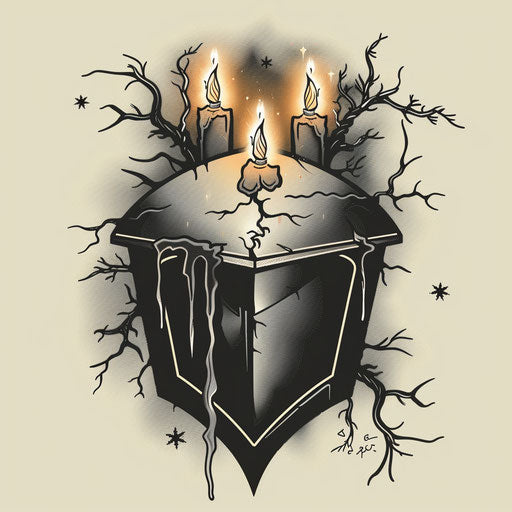 A cozy depiction of a coffin with warm candlelight