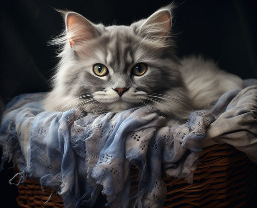 Fluffy cat in grey basket, strong facial expression