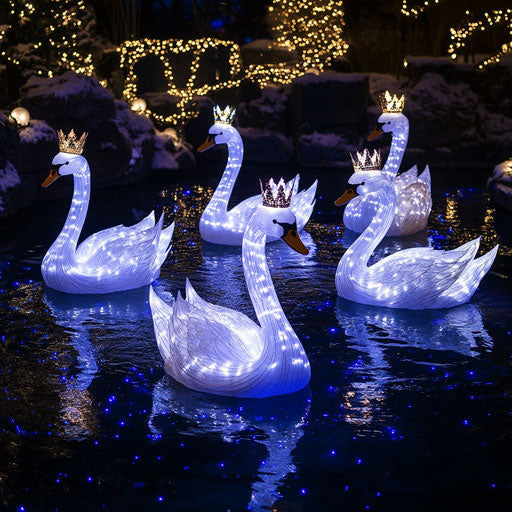 Seven swans swimming in a glowing pool