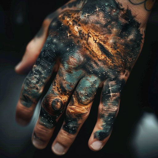 Celestial-themed knuckle tattoos