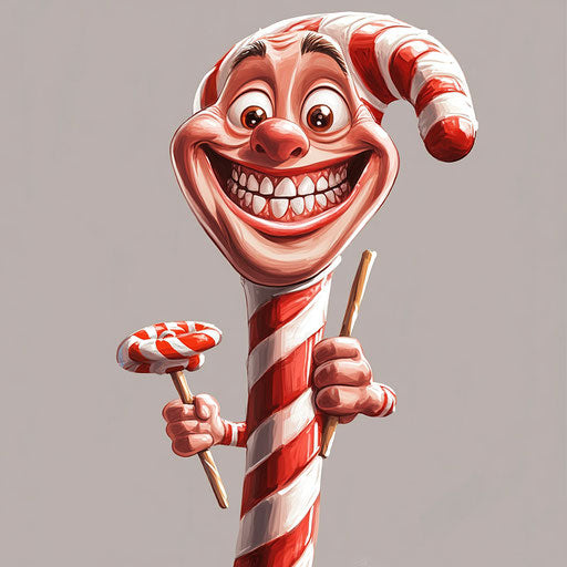 Humorous caricature of a candy cane with human characteristics