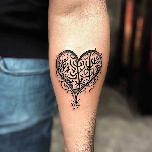 Arabic calligraphy tattoo forming a heart on forearm