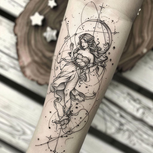 Sketch tattoo whimsical Virgo constellation with characters and scenery