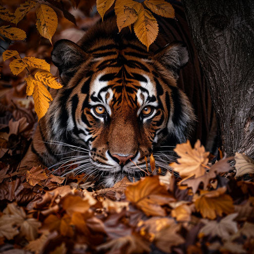 A tiger hidden among autumn leaves