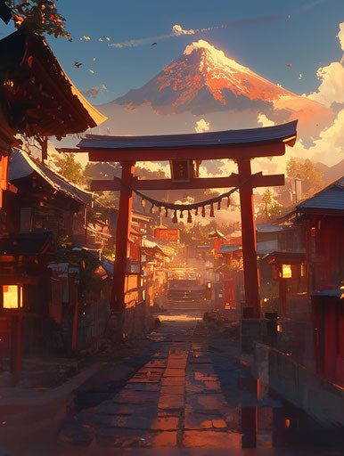 Path with red gates and Mt. Fuji at sunset